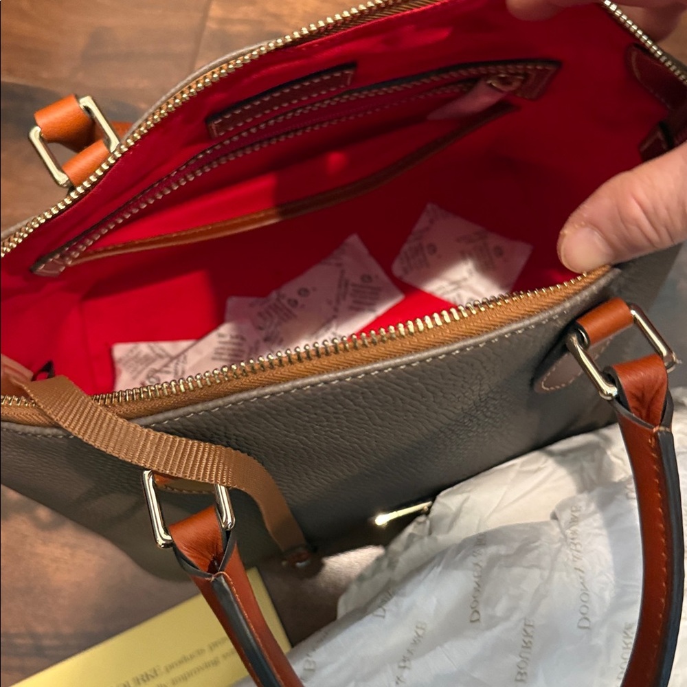 NWOT never use it -Dooney & Bourke Taupe Pebble Leather Satchel with Brown Trim - Picture 2 of 4